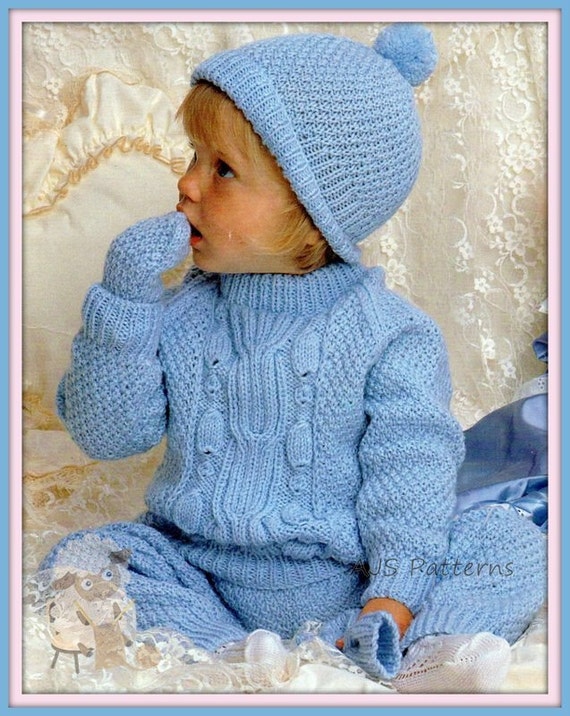 PDF Knitting Pattern Baby Sweater Pants Mittens & Hat Set