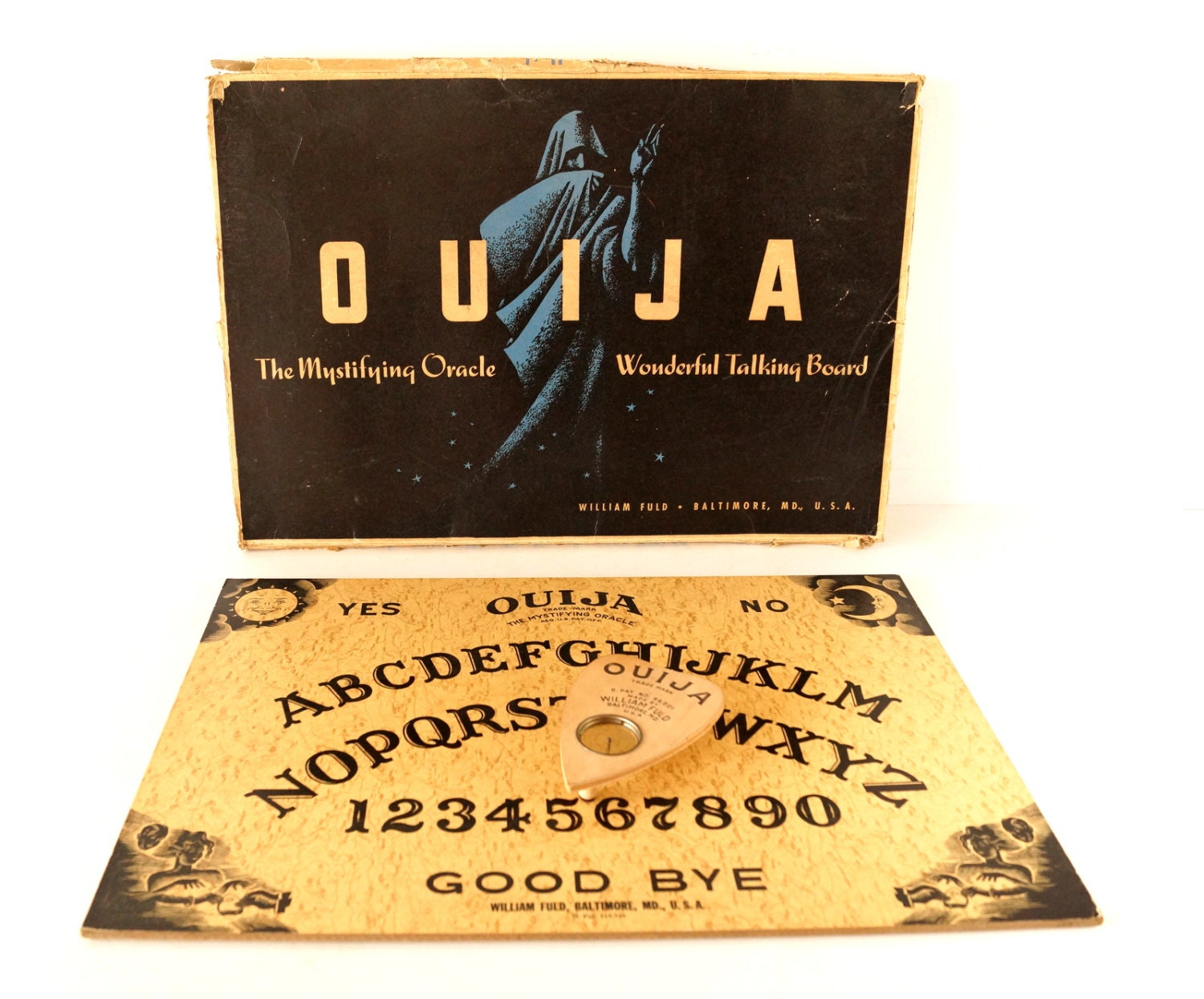 Vintage Ouija Board with Rare Wood Planchette by William Fuld