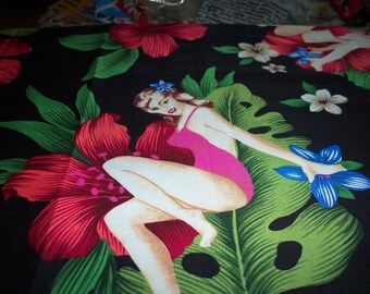 Pin Up Girls Fabric Hibiscus Black Background By The Yard New BTY