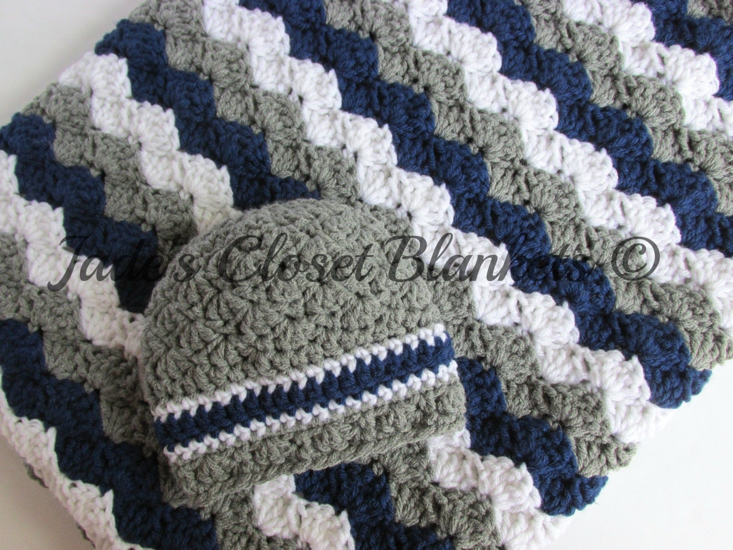 Baby Gift Set Crochet Grey Gray Navy Blue and White Hat
