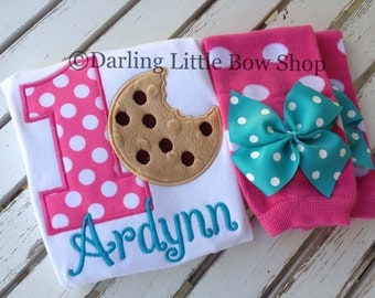 First Birthday Cookie Outfit for girls - Something Sweet - bodysuit and leg warmers - cookie milk theme in turquoise, hot pink