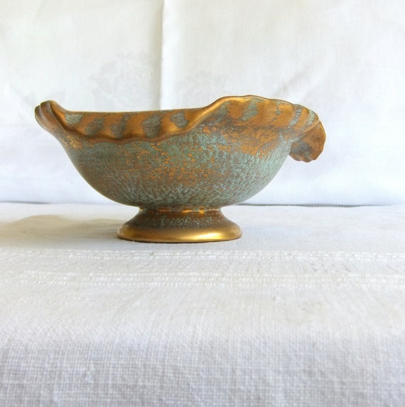 Vintage Stangl Mint Green & Gold Pedestal Bowl or Candy Dish