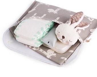 Diaper Clutch Nappy Bag Wallet - White Giraffes on Grey Cotton with Waterproof Lining - Baby Shower Gift