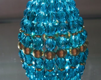 Small Beaded Light Bulb Cover, Dark Aqua Faceted Glass, Gold Chandelier, Brass Beads Chandelier, Chandelier Bulb Shade, Moroccan Lamp Shade