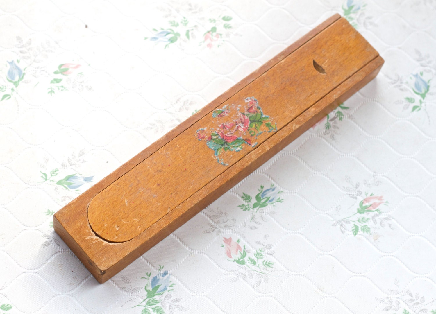 Wood Pencil Case Box with Sliding Top Vintage School