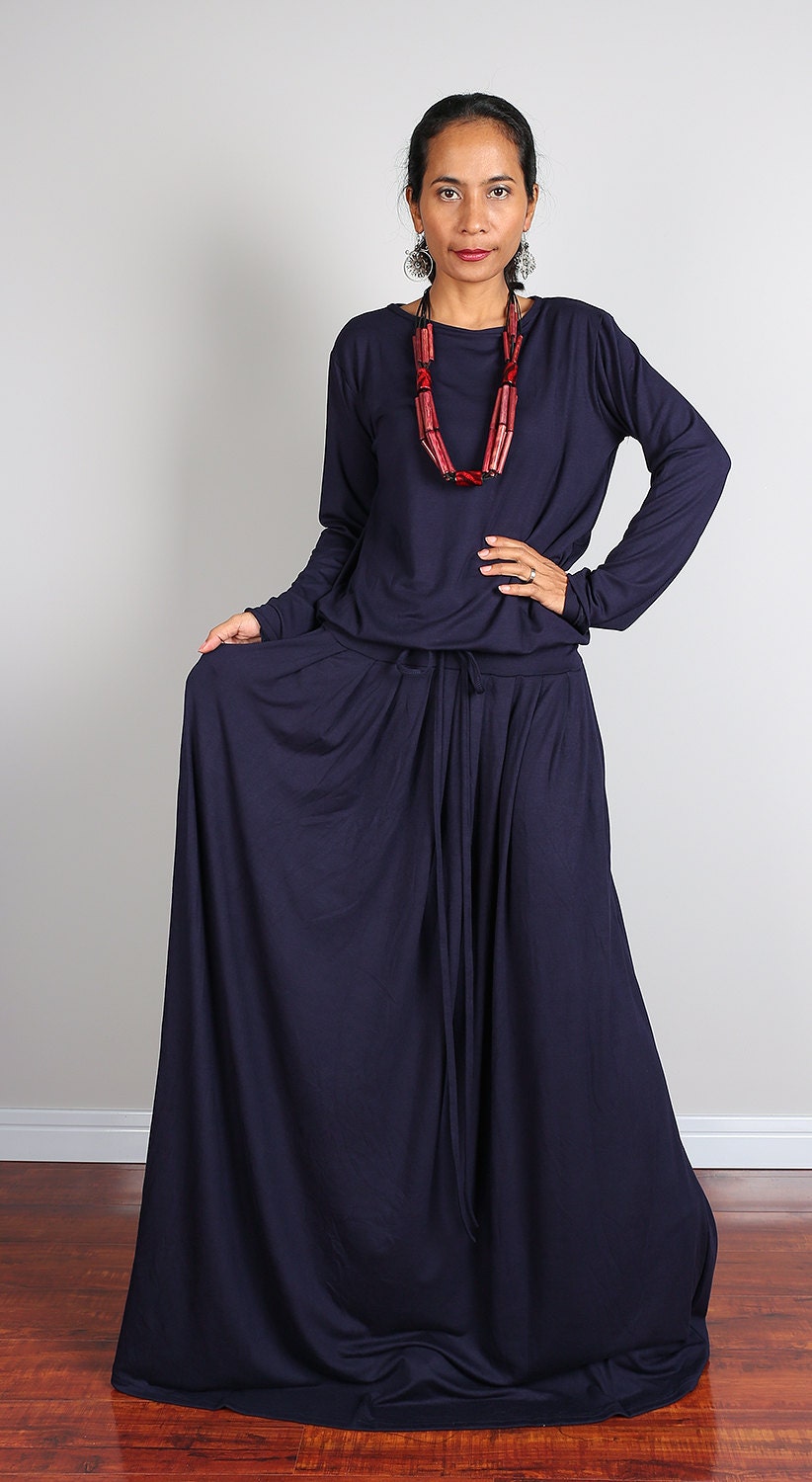 Maxi Dress Long Sleeve Navy Blue Modest Dress : MODEST