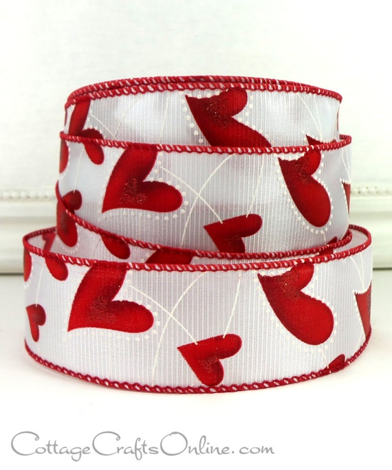 Valentine Wired Ribbon 1 1/2 wide Red Hearts Glitter