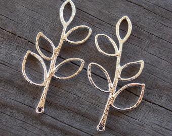 6 Open Leaf Branch Charms Silver plated 38mm