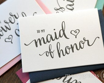 To My Bridesmaid, Wedding Party, Bridal Thank You Cards Thank You Bridesmaid Card, Matron Maid of Honor, Flower Girl Attendant (Set 6) CS15