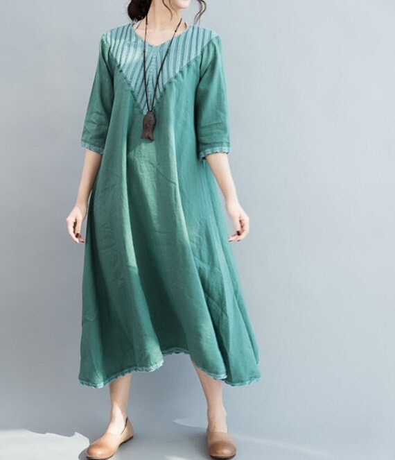 Khaki long linen dress/ Fashion long maxi dress