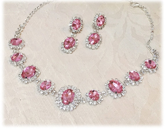 Wedding jewelry set Pink necklace and earrings by GlamDuchess