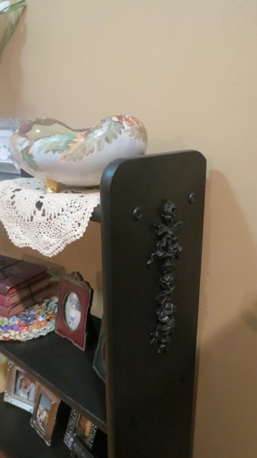 Vintage Book Case Shelf Painted Black with Ornate Appliqués Haute Juice