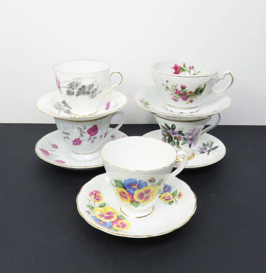 Vintage mismatched floral tea cups and saucers cottage chic