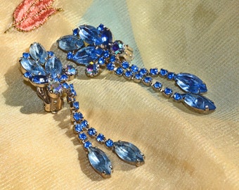 1950s Earrings Sapphire Blue and Aurora Borealis Rhinestone Vintage Dangle Earrings