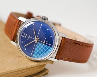 Navy men's watch Pobeda, modern Soviet wrist watch, rare checked face watch, men's accesory navy, premium leather strap new