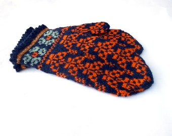 Hand knitted wool Latvian mittens, wool winter gloves, knit colorful black orange mitts, womens arm warmers, patterned nordic ethnic mittens