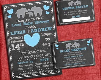 Printable Elephant Theme Coed Couples Baby Shower Set -Invite + Diaper Raffle Ticket + Book Request - Chalkboard Style - I design you print