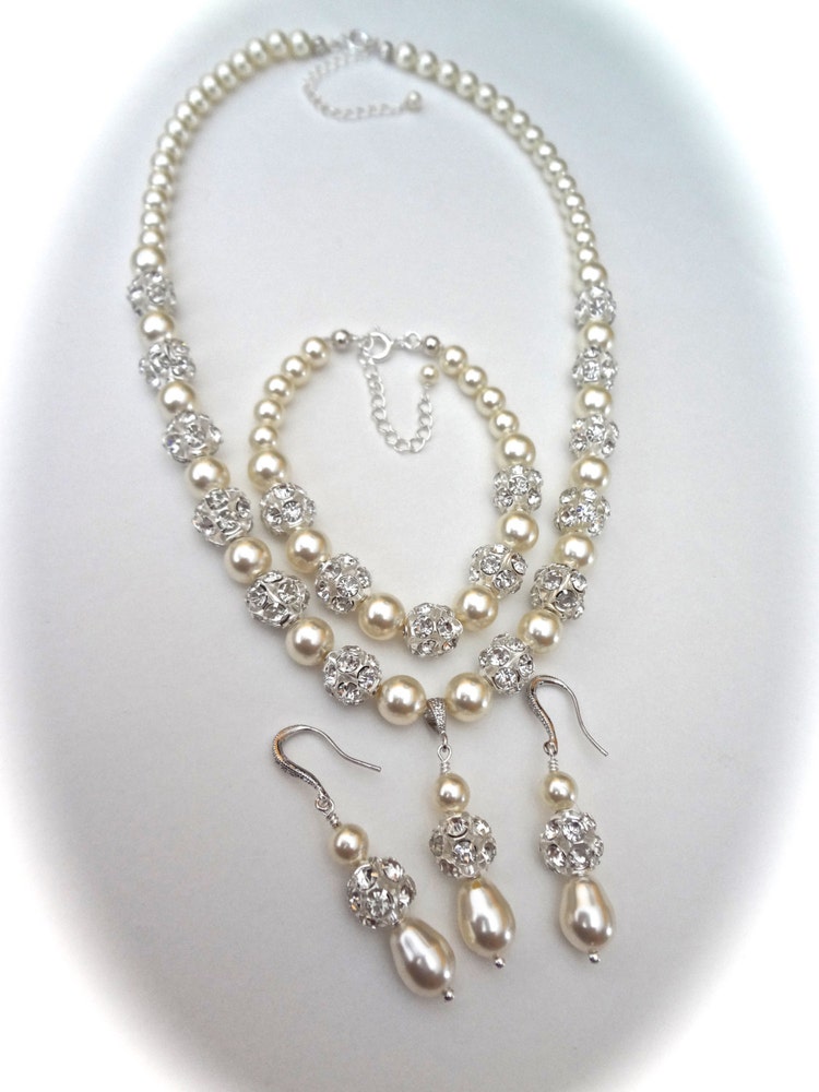 Brides jewelry set 3 piece pearl set by QueenMeJewelryLLC