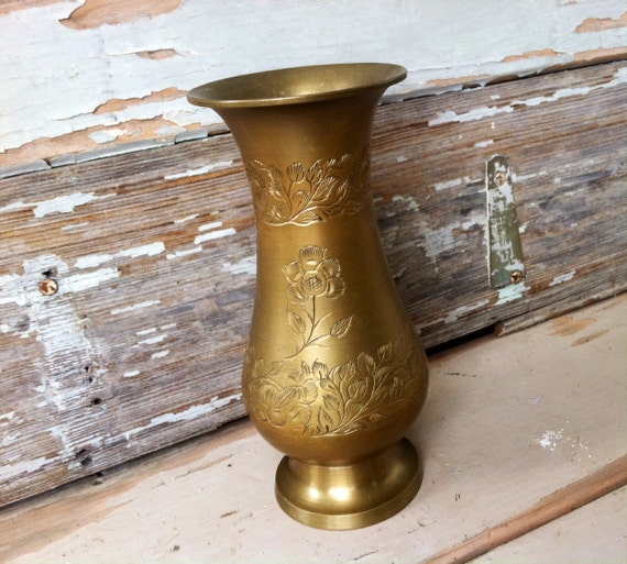 Vintage Solid Brass Engraved Vase Retro Gold by happydayantiques