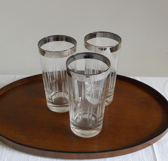 Etched Highball Glasses Set Of 3 Mid Century Silver Rimmed