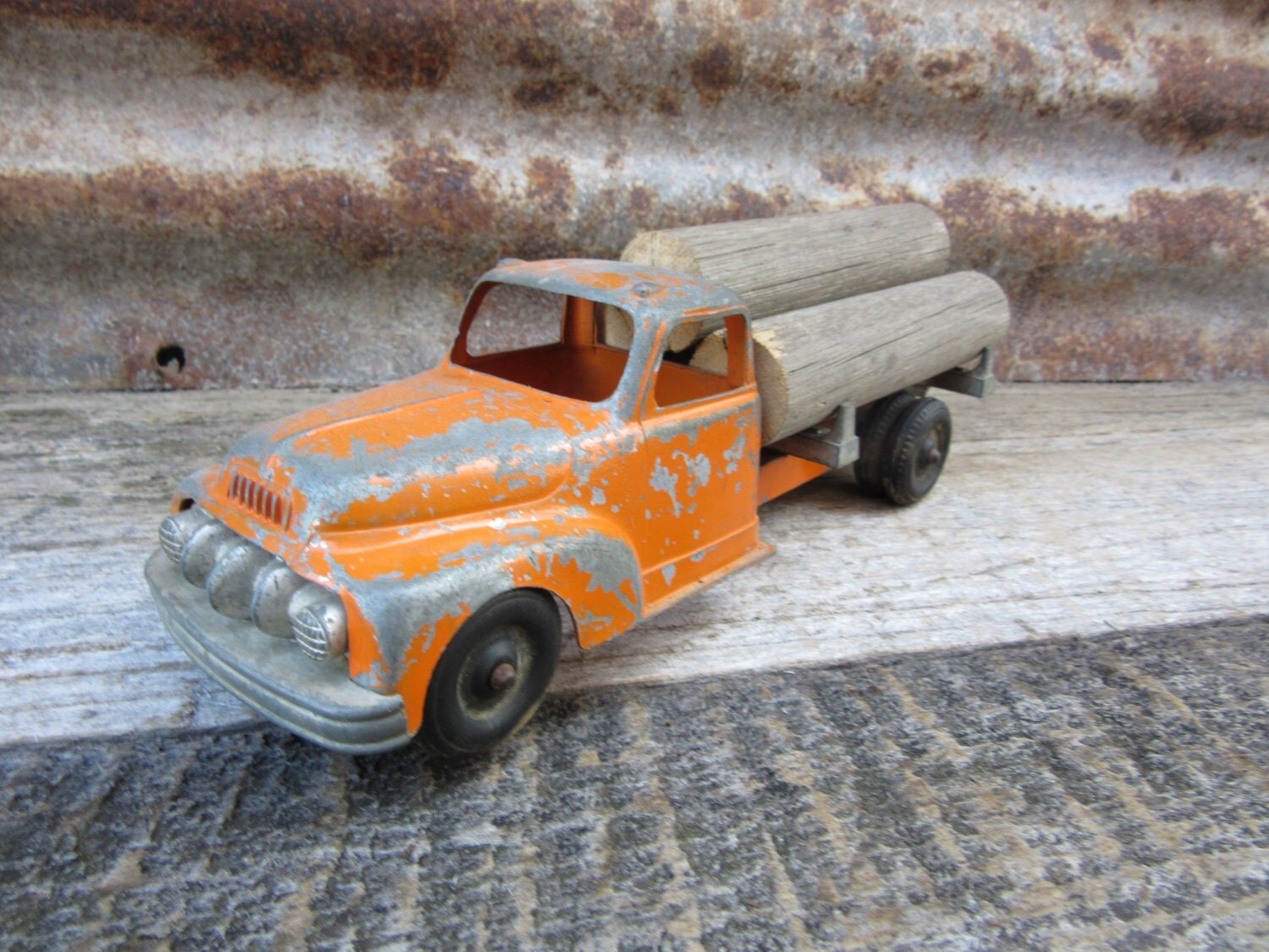 Vintage Metal Toy Truck 1940s or 50s HUBLEY Log Truck Pressed