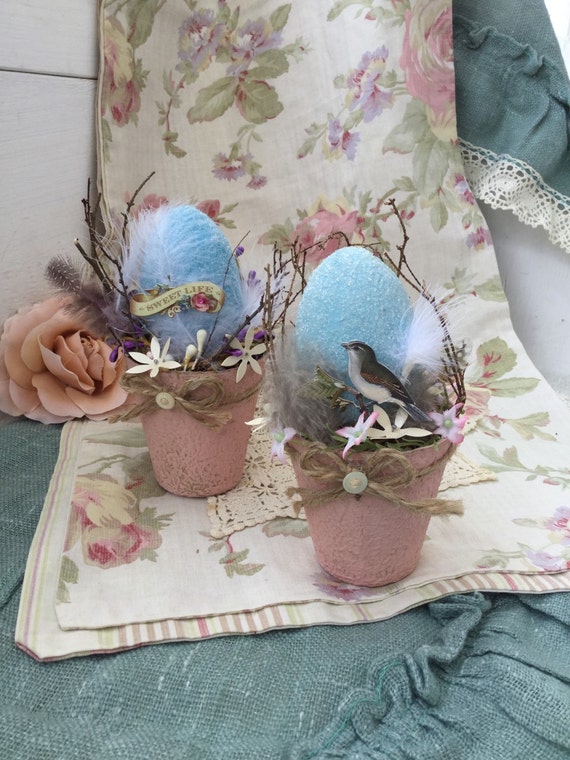 Easter Birds Nest Altered Pair of Peat Pot Robins Egg Easter Egg Peat Pot, Mixed Media Birds Nest, Shabby Chic Birds Nest, Easter Decor
