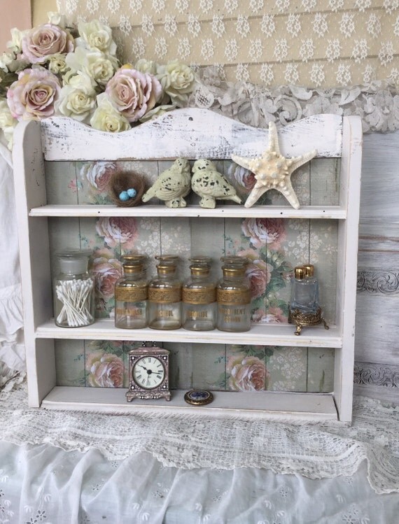Shabby Chic Plate Rack, Large Creamy White Wooden Plate Rack,Bathroom Shelf, Spice Rack, Display Shelf,Shabby pink cabbage roses,cottage