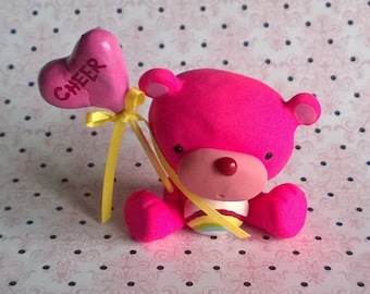 Pink Cheer Care Bear with Heart Balloon Polymer Clay Animal Ooak Gift Figure Figurine Miniature Cute Collectible Rainbow