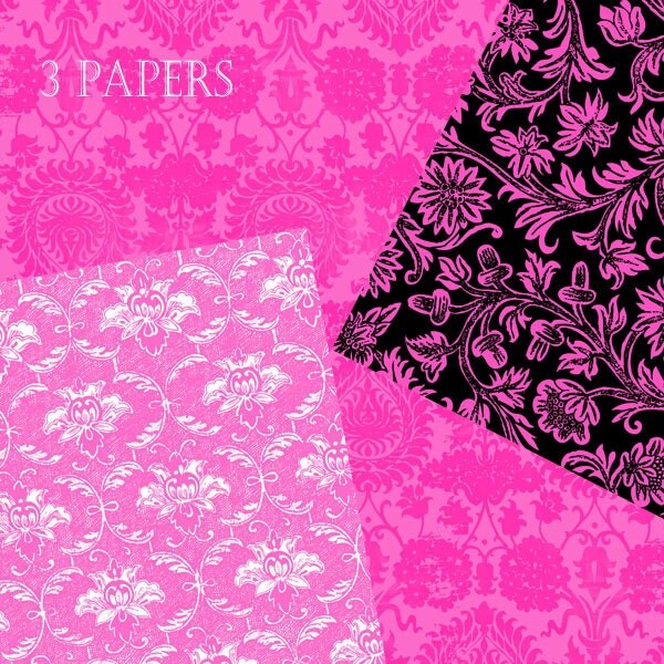 Hot Pink Damask Digital Paper Hot Pink and Black Digital