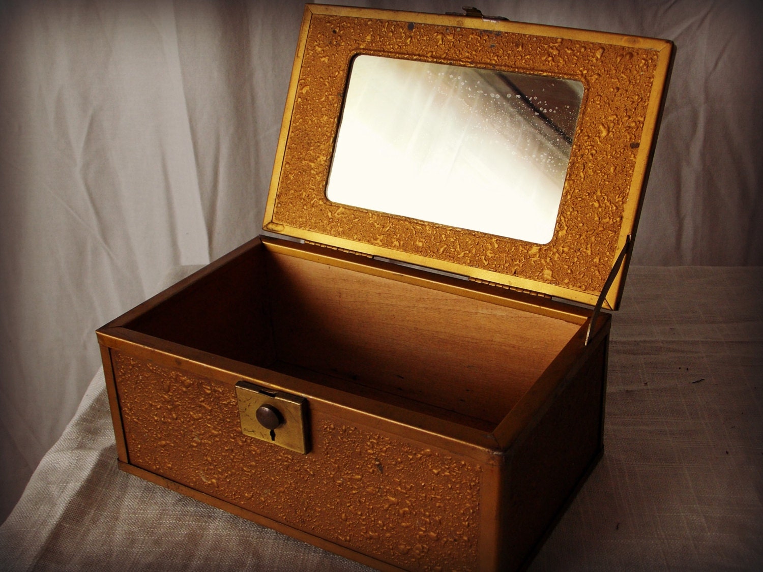 Antique Jewelry Box Metal with Floral Painting Mirror inside Haute Juice