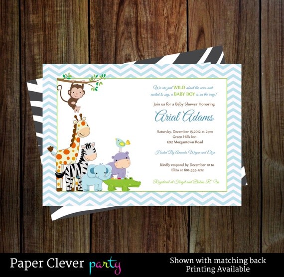 Boys baby shower invitations modern jungle -- baby boy invites safari blue chevron digital file, printable NO.1399 Il_570xn