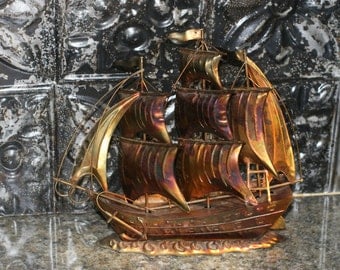 Vintage Metal Ship Boat Sculpture/ Cottage Decor/ Nautical Wedding Decor