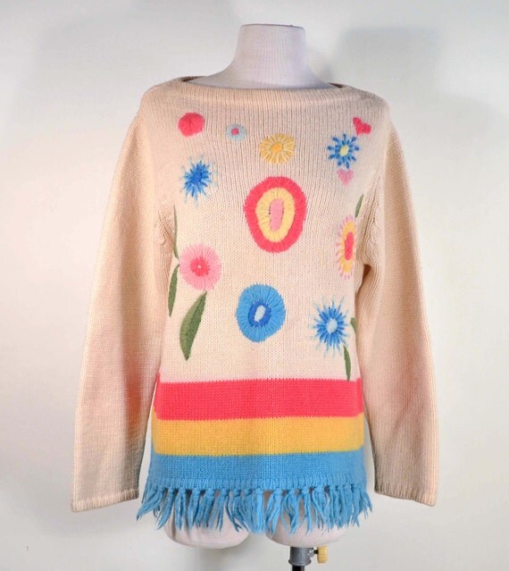 Vintage 60s Embroidered Hippie Sweater Mod Flower Power