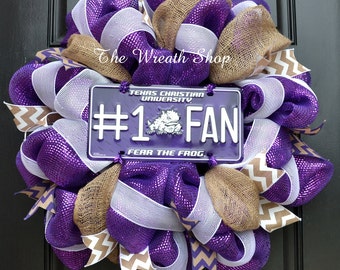 TCU Wreath with Frog Sign - Texas Christian University Mesh Wreath