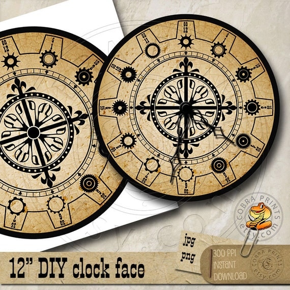 DIY Large 12 Steampunk Clock Face Digital Sheets by CobraPrints
