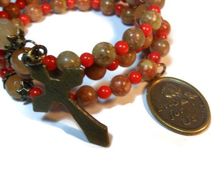 FREE SHIPPING Rosary bracelet "Autumn leaves" five decade, Autumn jasper beads, red aventurine Our Father beads, bronze crucifix and medal