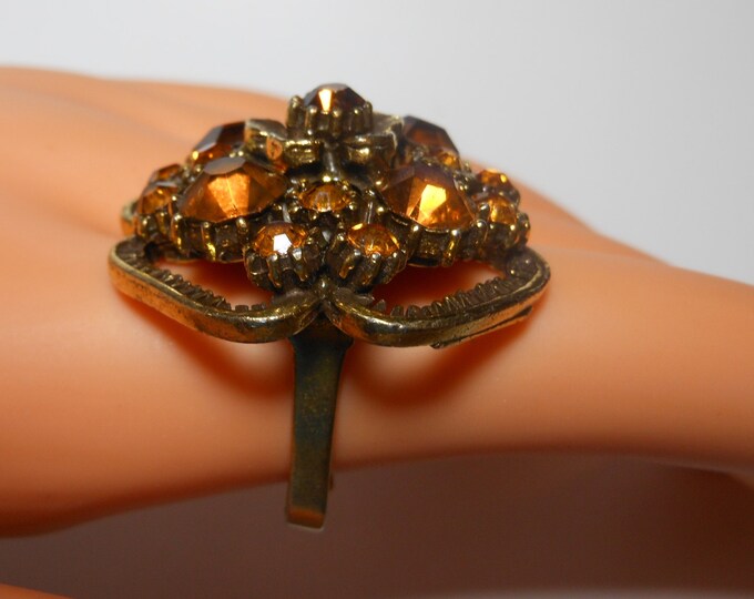 FREE SHIPPING Florenza cocktail ring amber and rootbeer rhinestones with floral top, adjustable