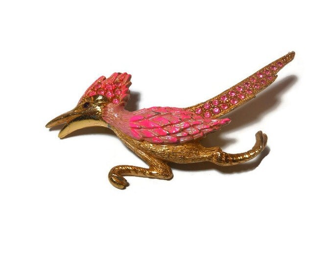 FREE SHIPPING Ultra roadrunner brooch, adorable in textured gold tone with pink enamel wings and pink rhinestone tail and plume