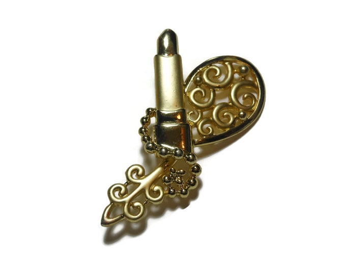 FREE SHIPPING Don Lin lipstick mirror brooch, matte brush gold finish, lovely scroll work, unique style for Don Lin, 1980s