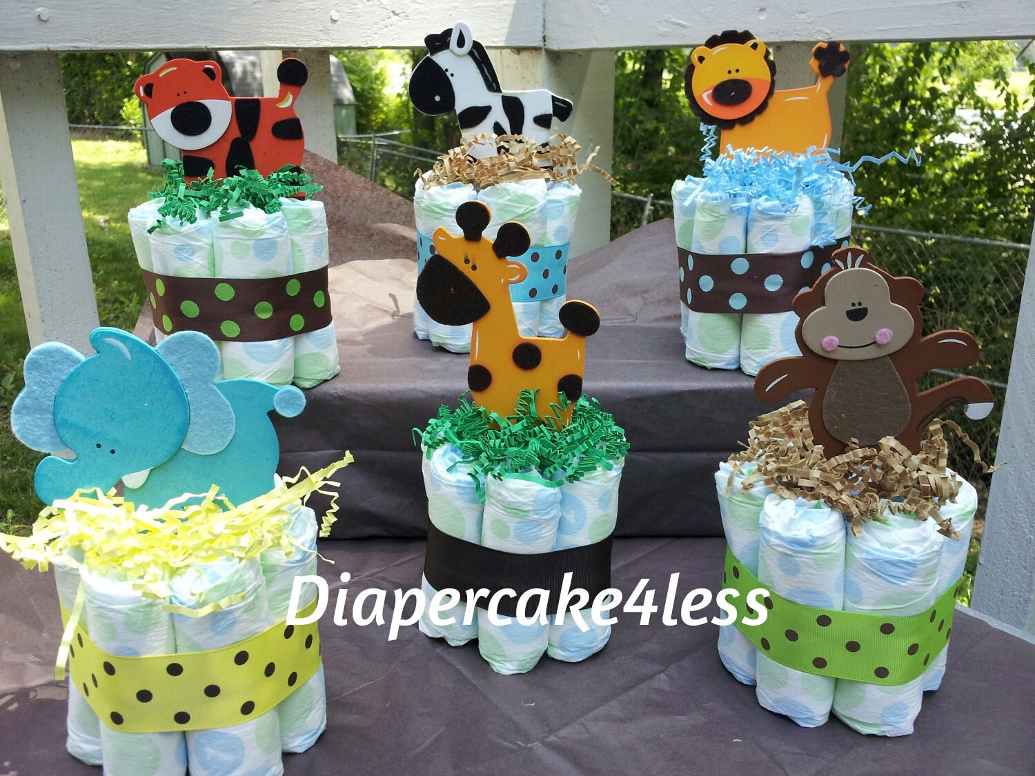 6 Jungle theme mini diaper cakes baby shower centerpiece
