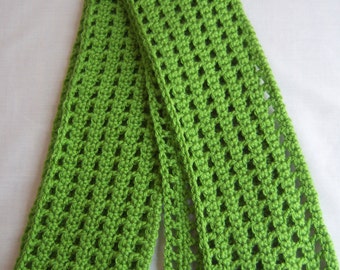 Green Crochet Scarf - Long & Soft With Columns / Checkered Pattern