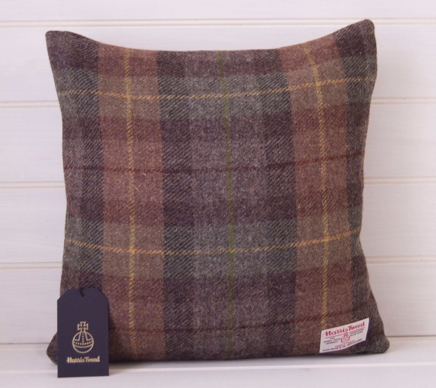 Harris Tweed Brown and Green Cushion Cover Tartan by GreenCallow