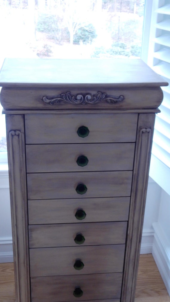 Distressed Cream and Emerald Large Jewelry Armoire Custom