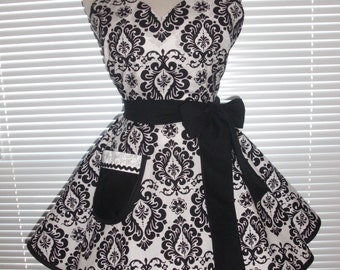 Sweetheart Retro Apron Black and White Damask Circular Skirt