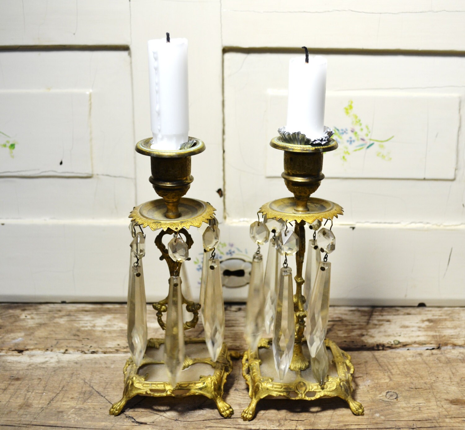 Antique pair of candle holders crystal brass by andthebigbadwolf