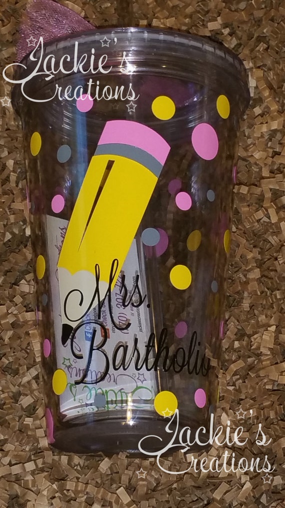 Personalized Teacher Gift Tumbler Cup with Apple Pencil Art