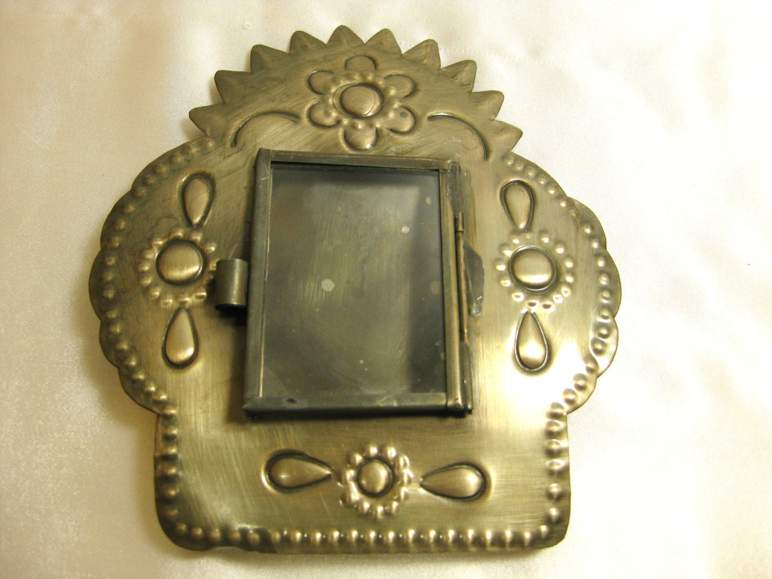 SALE Metal Glass Shadow Box Picture Frame Shrine Hammered Tin