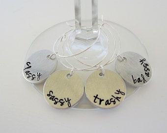 Set of 4 Hand Stamped Funny Wine Charms "Classy" "Sassy" "Trashy" and "Bad Assy" Wine Charms / GNO Wine Charms / Bacherlorette Party Favors