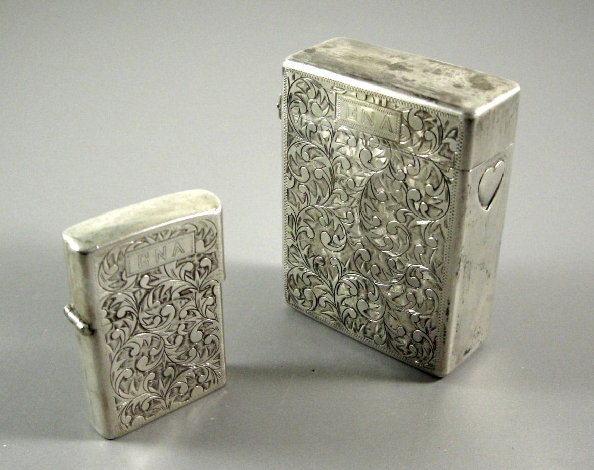 Sterling Silver Cigarette Case and Lighter Cover // Chased 950