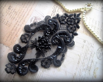 Vintage Vase With Fleur Bridal Lace Applique, Black, x 1, For Romantic, Victorian, Gothic Projects